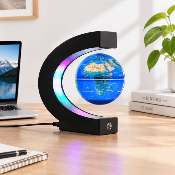 Blue Color-Changing Magnetic Levitating 7-Color LED 360° Rotating Floating World Map Globe