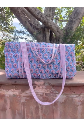 Blue Color Decorative Cotton Quilted Duffle Bags Beautiful Block Print Weekender Bags Handmade Floral Print Shoulder Travel Overnight Bags