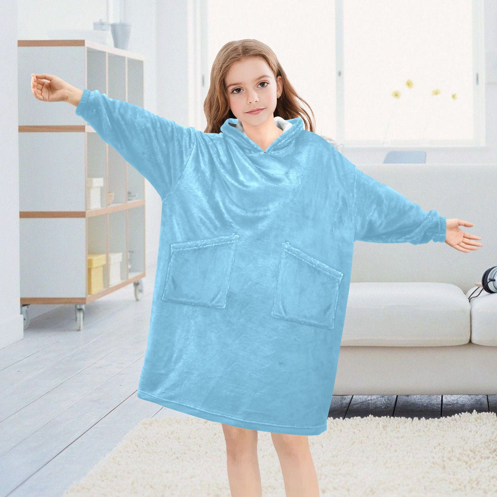 Blue Color Oversized Wearable Blanket Hoodie Sweatshirt Flannel for Unisex Girls Boys