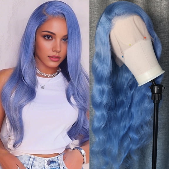 Blue Colored 13x4 Lace Front Wig Body Wave Brazilian Remy Human Hair Wigs Preplucked Natural Hairline High Density Elegant Hairstyle For Women Daily&Birthday&Wedding Use Wig 180 Density 26 Inch