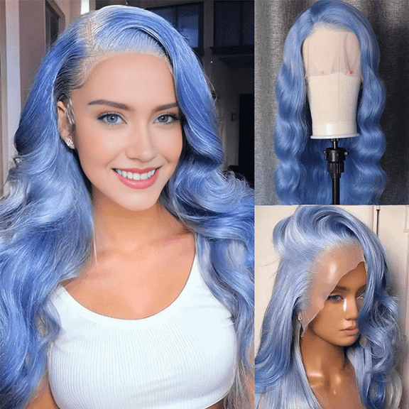 Blue Colored 13x4 Lace Front Wig Body Wave Brazilian Remy Human Hair Wigs Preplucked Natural Hairline High Density Elegant Hairstyle For Women Daily&Birthday&Wedding Use Wig 180 Density 28 Inch