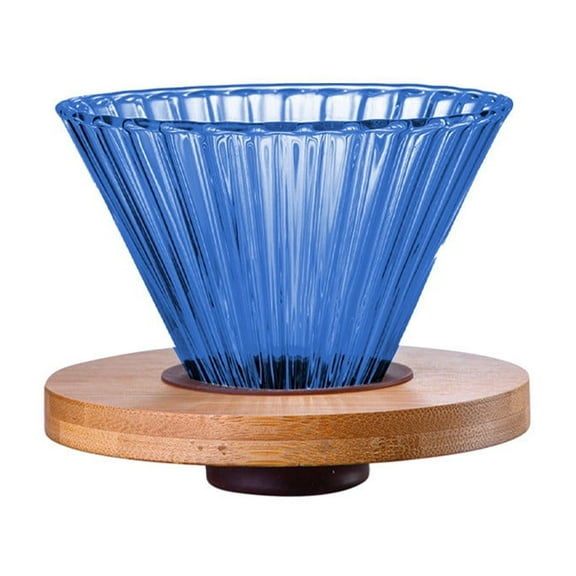 Blue Colored Glass Coffee Dripper With Wooden Stand Reusable Pour Over Coffee Filter Cone For Hand Brewed Coffee Maker 4.7 Inches Height