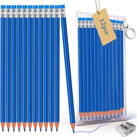 Blue Colored pencils 12 count Checking Pencils Erasable Pencils Pre-Sharpened #2 HB,for Checking Tests Grading,Map Coloring,editing Office Favors,including a Free sharpener