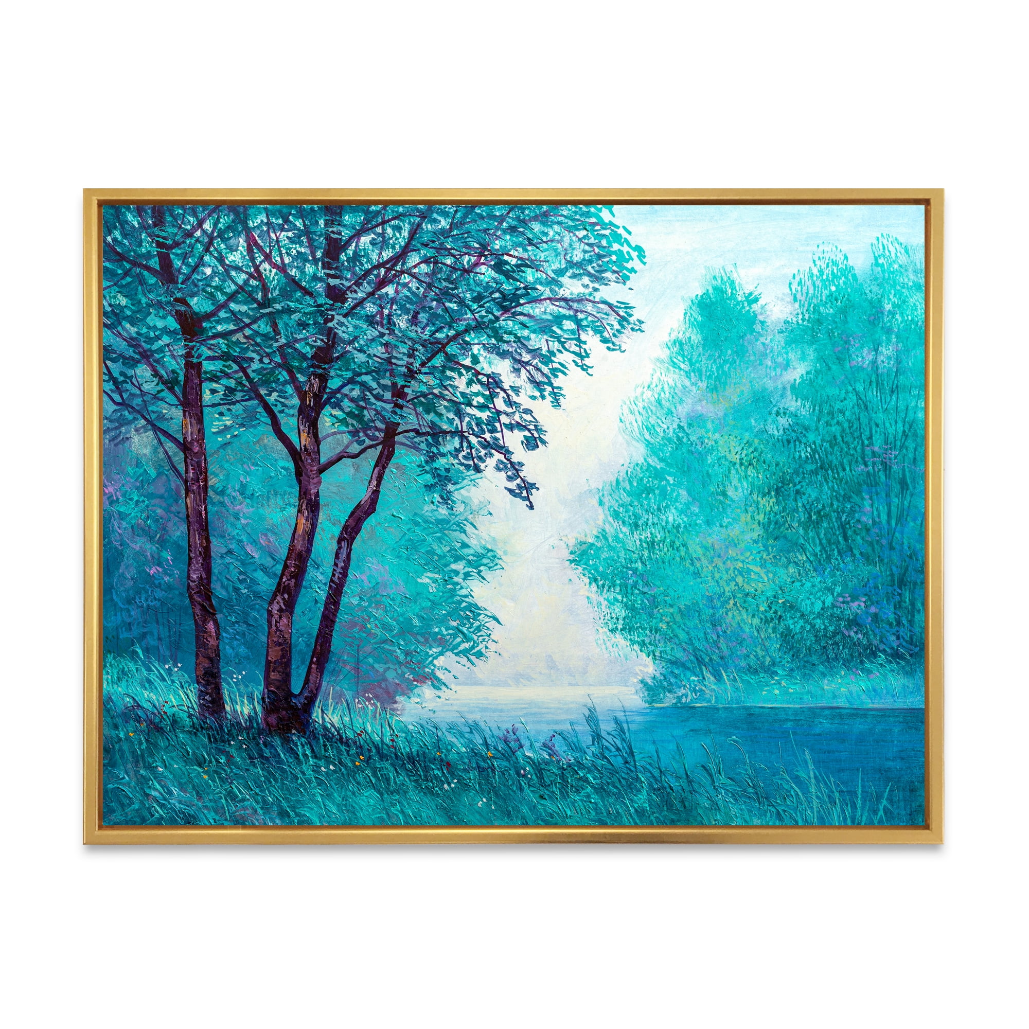 Blue Coloured Tree Impression By Riverside 32 in x 16 in Framed Painting Canvas Art Print, by Designart