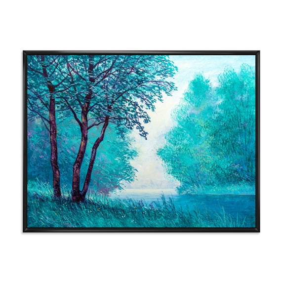 Blue Coloured Tree Impression By Riverside 32 in x 16 in Framed Painting Canvas Art Print, by Designart