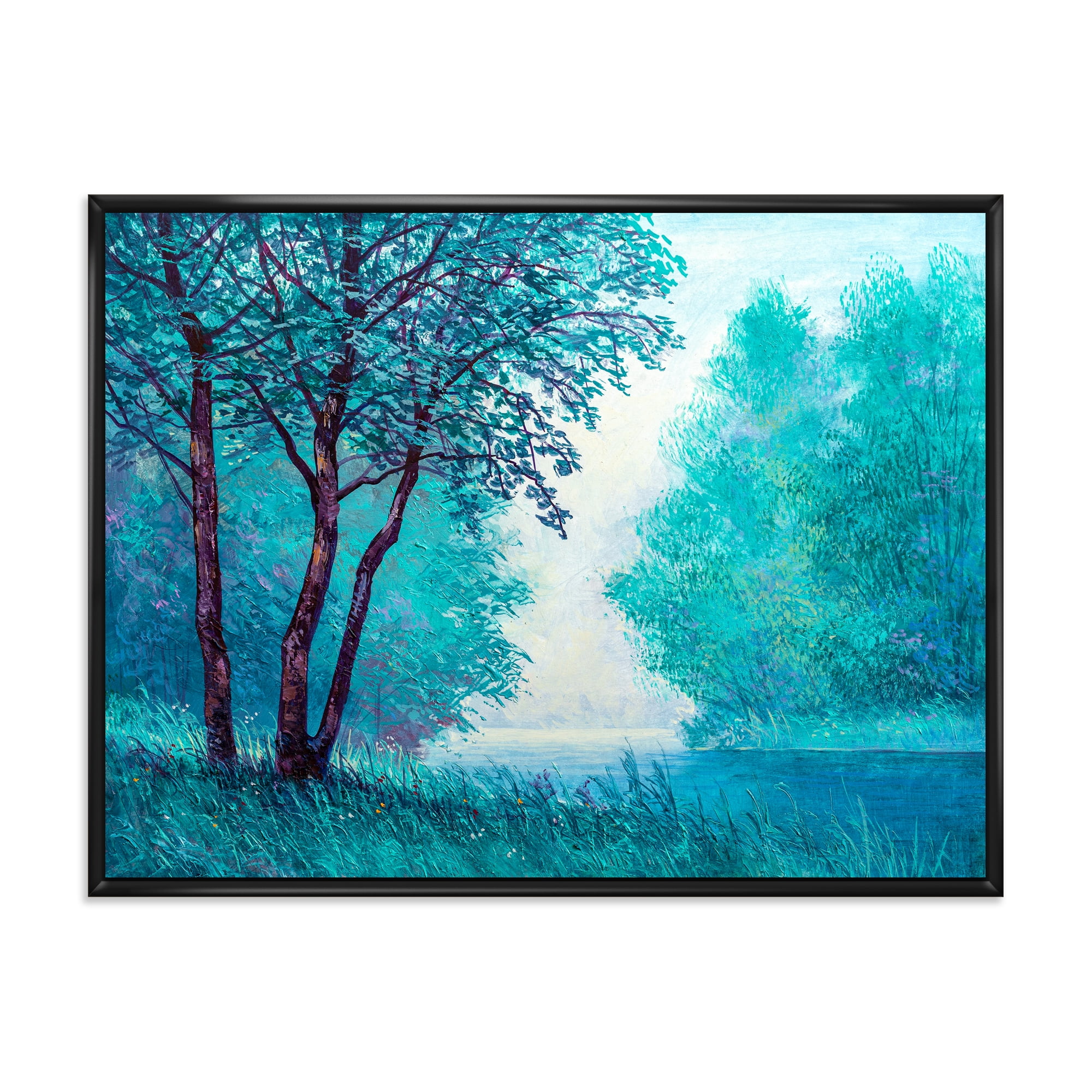 Blue Coloured Tree Impression By Riverside 40 in x 30 in Framed Painting Canvas Art Print, by Designart