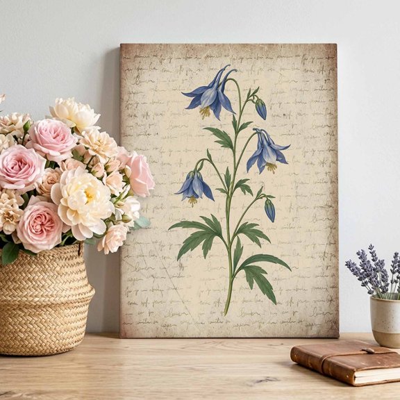Blue Columbines Canvas Wall Art, Vintage Floral Green Leaves Script Backdrop Framed Canvas Wall Decor Picture Print Artwork Decorations for Living Room Office Ready to Hang 28"x22"