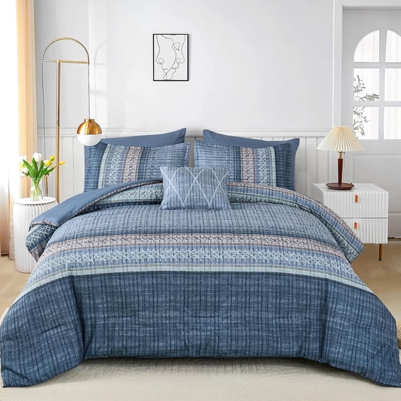 Blue Comforter Set King Size 8 Pieces Striped Bed in a Bag Soft Microfiber Bedding Set for All Season
