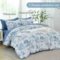Blue Comforter Set Queen 7 Piece Bed in a Bag Toile de Jouy Botanical Comforter with Sheet Set Soft Micorfiber Bedding Set