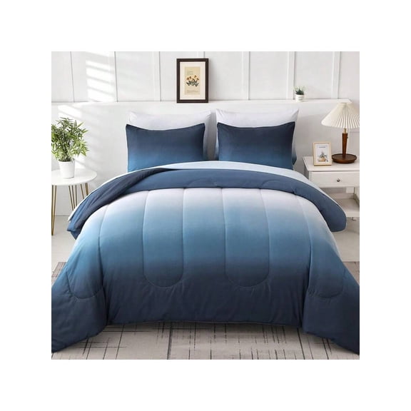 Blue Comforter Set Queen 7 Pieces Ombre Blue White Microfiber Bedding Set All Season Down Alternative Light Ocean Sea Abstract Bed In A Bag For All Season 90 X90