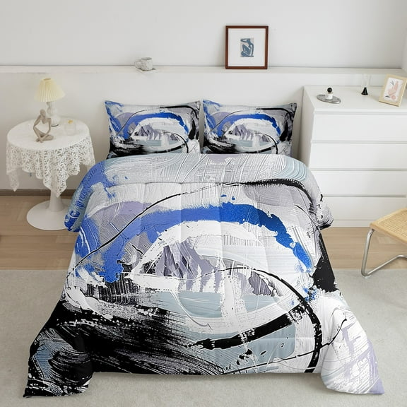 Blue Comforter Set Gradient Black White Grey Teal Abstract Ombre Queen Bedding Sets,Brush Strokes Oil Painting Contemporary Quilt Vintage Graffiti Art Room Decor