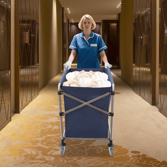 Blue Commercial Laundry Cart With 4 Wheels Folding Laundry Cart Large Capacity 220lbs Capacity 90*60*88cm for Apartments, Homes, Hospitals