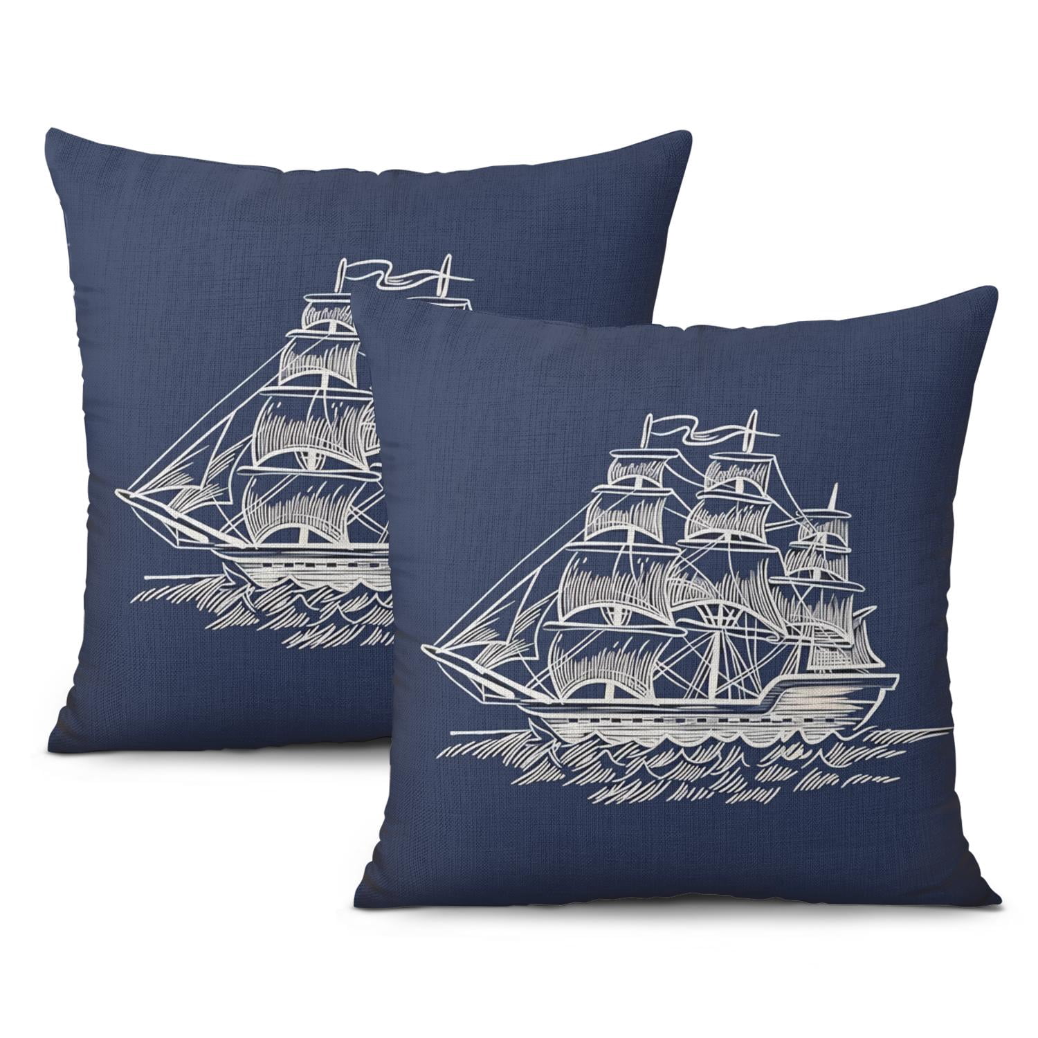Blue Compass Anchor Sailboat Pillow Cases 16x16, Set of 2, Coastal Sailing Navigation Throw Pillow Cases, Ocean Theme Decorative Cushion Covers for Couch Sofa Living Room Home