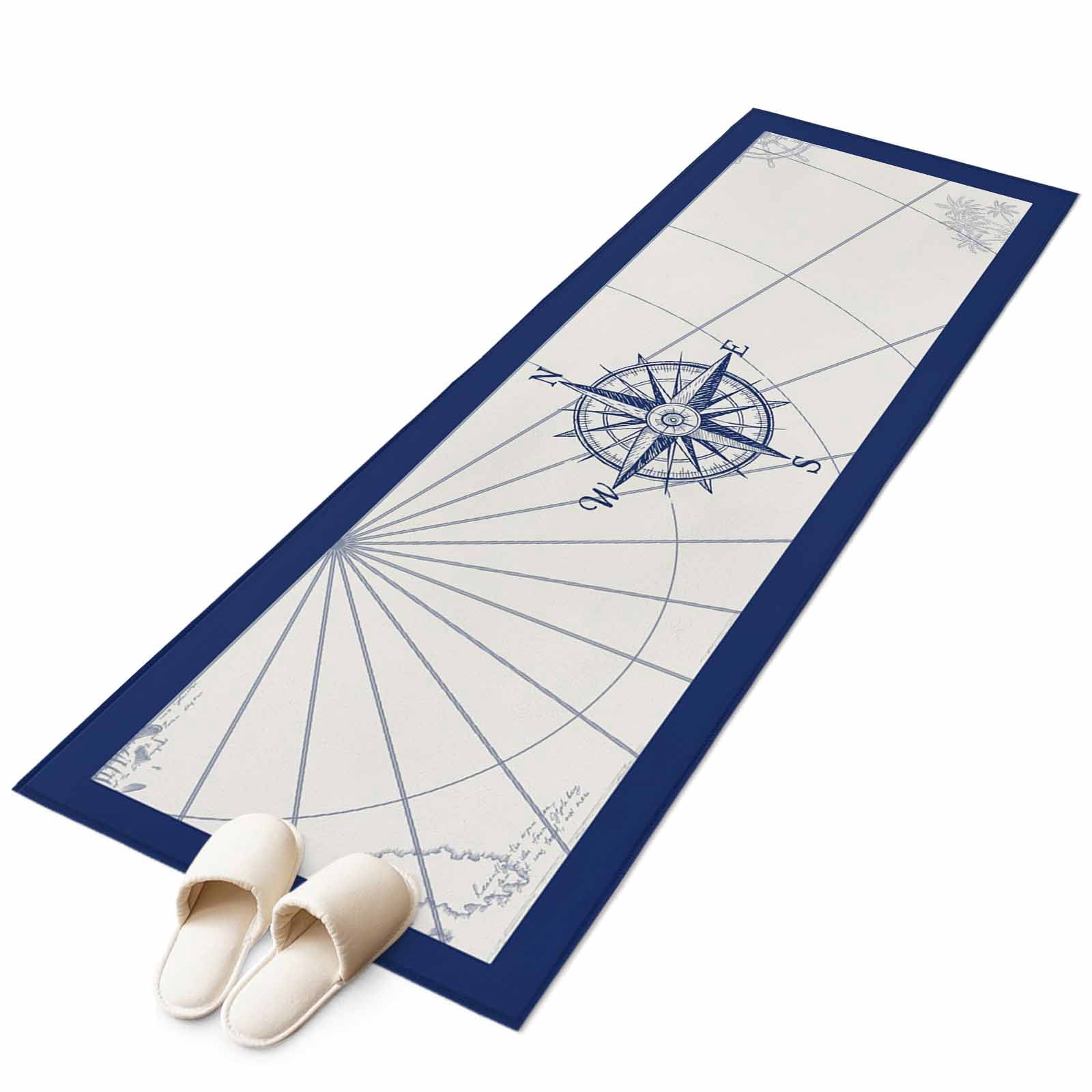 Blue Compass Rug Blue Compass Nautical 2'x6' Runner Rug, Coastal Abstract Art Retro ...