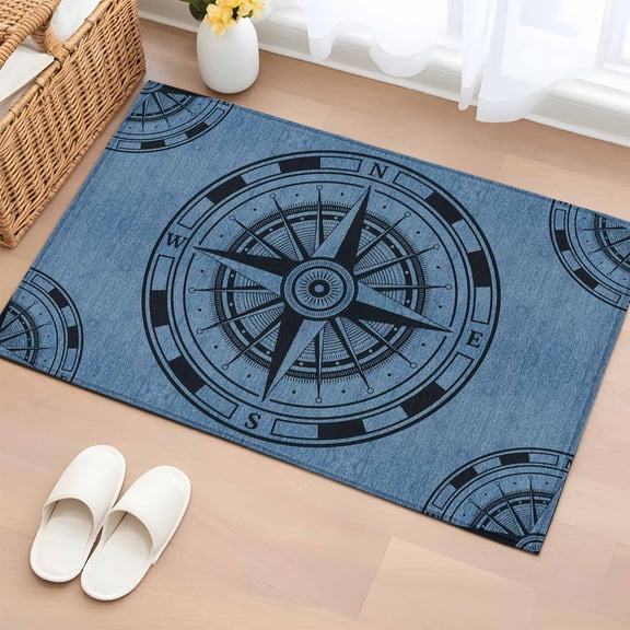 Blue Compass Nautical Bathroom Mats 2x3 FT, Non Slip Small Kitchen Mat, Coastal Vintage Washable Soft Backed Front Door Throw Rugs Non-Shedding Indoor Outdoor Doormat for Entryway Sink