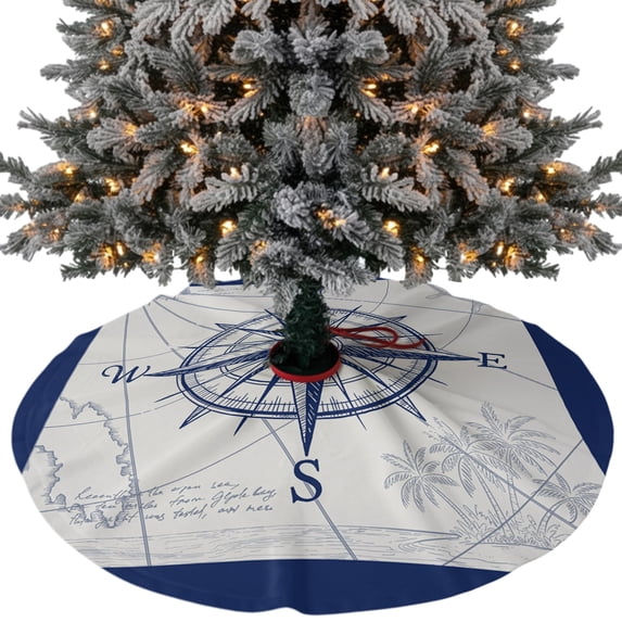 Blue Compass Nautical Christmas Tree Skirt 48 Inches, Coastal Abstract Art Retro Xmas Trees Skirt Mat Cover Decorations for Holiday Party Indoor Outdoor