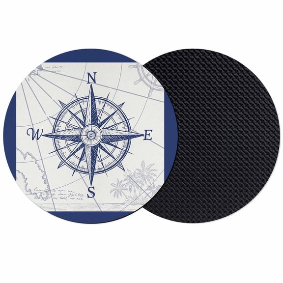 Blue Compass Nautical Coasters Set of 2, Coastal Abstract Art Retro Absorbent Coasters for Drinks, Coaster for Bar Office Dining Coffee Table Accessories Decor, Non Slip Round Desk Coaster