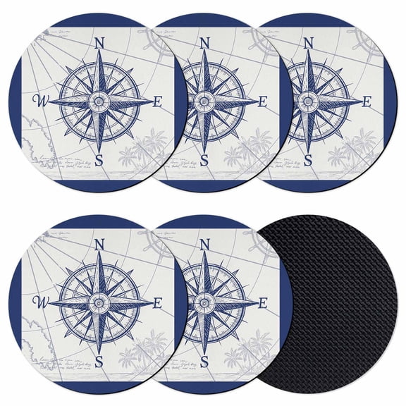 Blue Compass Nautical Coasters Set of 6, Soft Absorbent Coasters for Drinks, Coastal Abstract Art Retro Non-Slip Cup Coaster Mat with Rubber Bottom for Home Kitchen Desk Coffee Bar Table Decor 4"