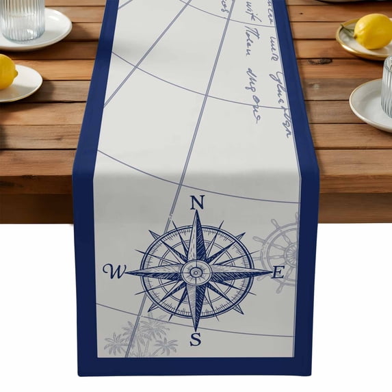 Blue Compass Nautical Cotton Linen Table Runner for Dining Kitchen ...