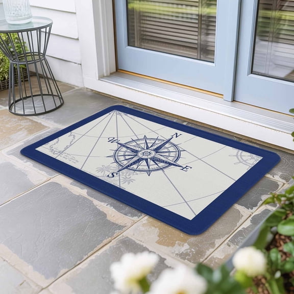 Blue Compass Nautical Door Mat Indoor Outdoor, Coastal Abstract Art Retro Non Slip Welcome Mat with Rubber Backing, Absorbent Fabric Front Door Mats Entryway Rug for Home Patio Entrance 16"x24"