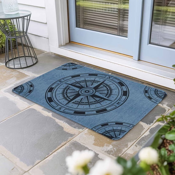Blue Compass Nautical Door Mat Indoor Outdoor, Coastal Vintage Non Slip Welcome Mat with Rubber Backing, Absorbent Fabric Front Door Mats Entryway Rug for Home Patio Entrance 20"x31.5"
