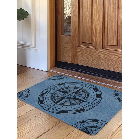 Blue Compass Nautical Door Mat Indoor Outdoor Entrance, Non Slip Rug for Kitchen Bathroom Entryway Rug, Coastal Vintage Washable Doormat Floor Mat for Office Home Decor 24x36 Inch