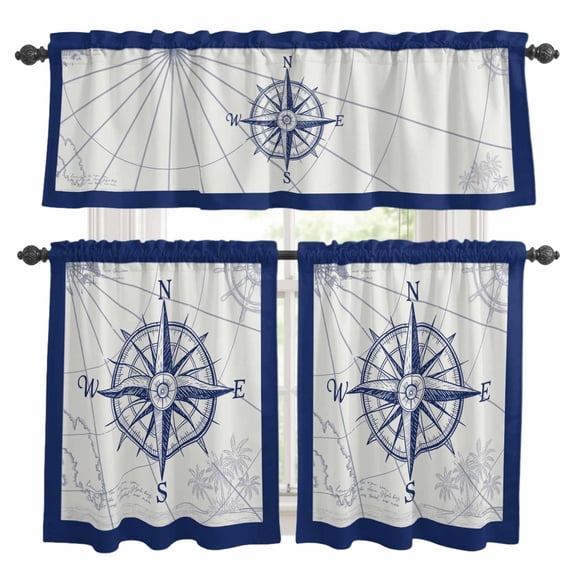 Blue Compass Nautical Kitchen Curtains Sets for Windows 36 Inch Length, Coastal Abstract Art Retro Rod Pocket Window Treatments Tier Curtains and Valances Set for Bedroom/Bathroom