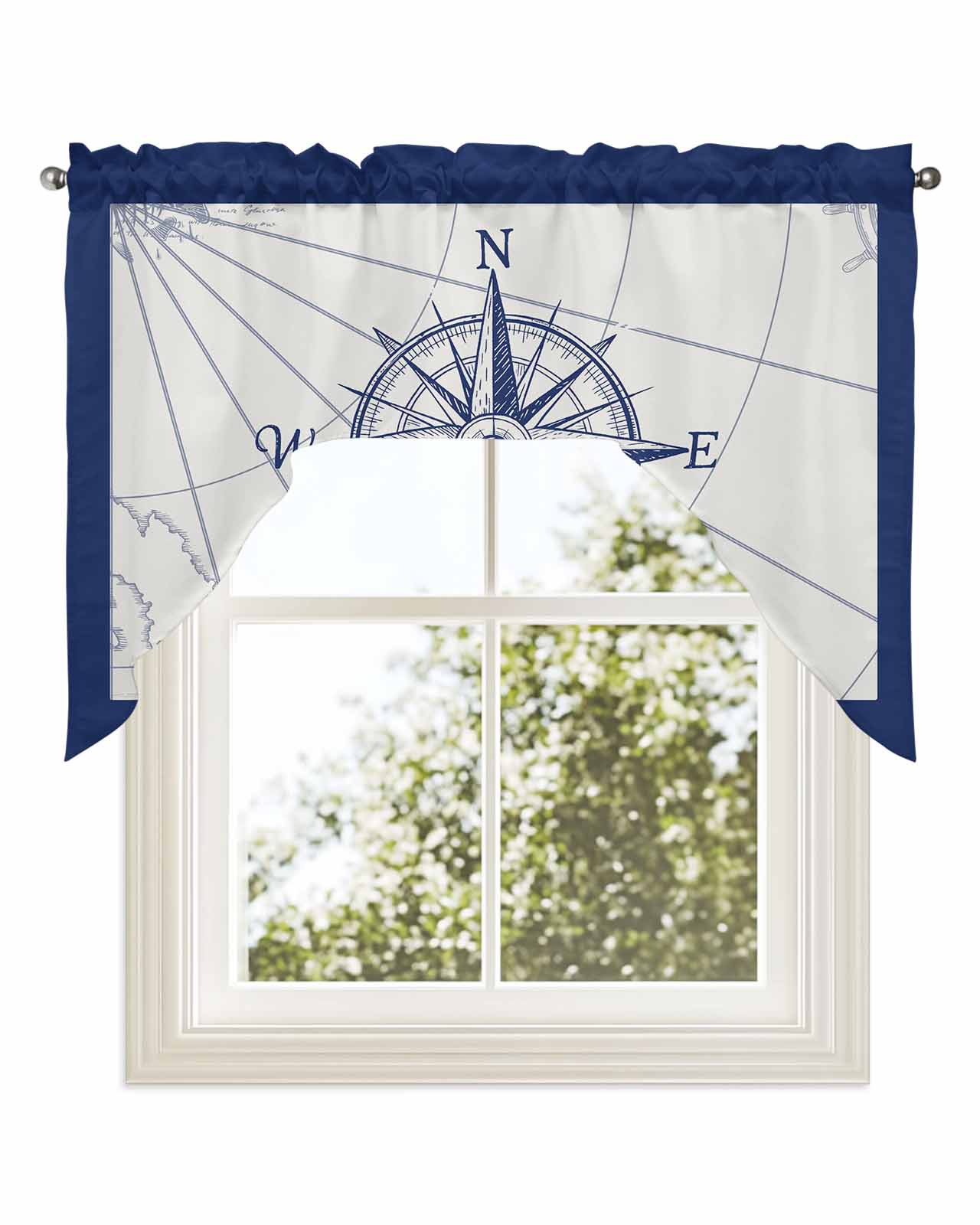 Blue Compass Nautical Kitchen Swag Valance for Window, Rod Pocket Short ...
