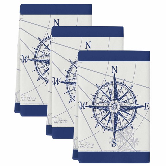 Blue Compass Nautical Kitchen Towels Set of 3, Absorbent Microfiber Dish Tea Towels with Hanging Loop, Coastal Abstract Art Retro Resuable Hand Towel for Home Kitchen Cooking Cleaning 18"x28"