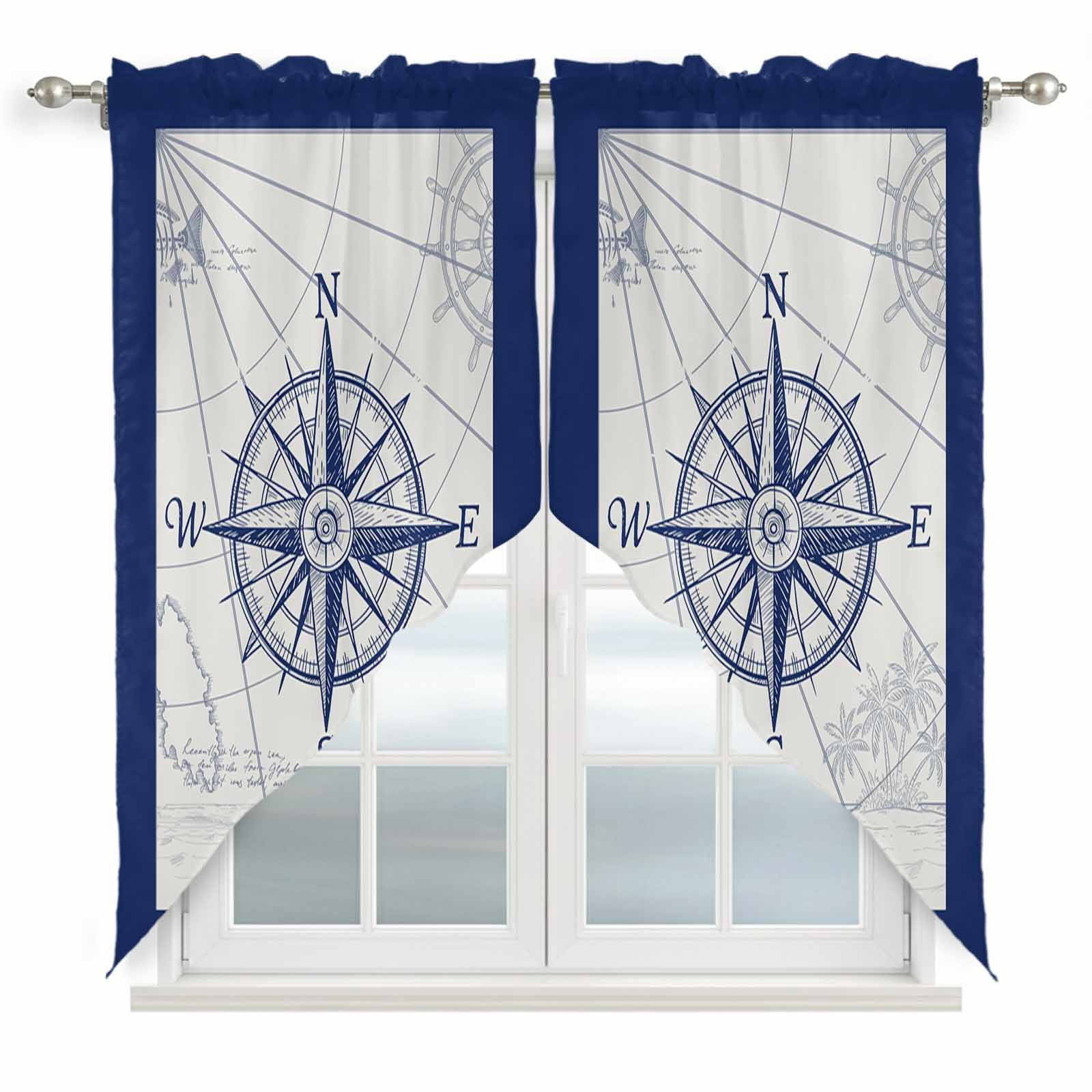 Blue Compass Nautical Kitchen Window Curtains, Swag Curtains Valance ...