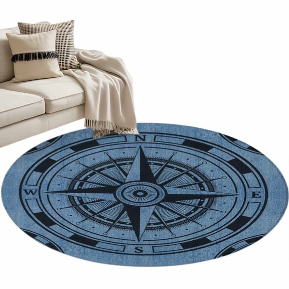 Blue Compass Nautical Large Area Rugs for Bedroom Living Room, Soft Non Slip Carpet Bedside Rug, Coastal Vintage Round Floor Cover Kitchen Accent Rug 3' for Dining Room/Office