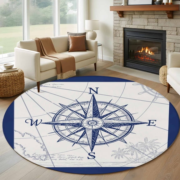 Blue Compass Nautical Large Round Rug 8 FT, Non Slip Living Room Area Carpet, Coastal Abstract Art Retro Washable Soft Circle Rug Non-Shedding Floor Carpet for Bedroom Office Dining Room