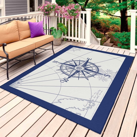 Blue Compass Nautical Outdoor Rug 3x5 Ft, Non Slip Washable Area Rug, Coastal Abstract Art Retro Patio Rugs Carpet Runner, Large Floor Mat for Indoor/Outdoor Deck Porch Camping