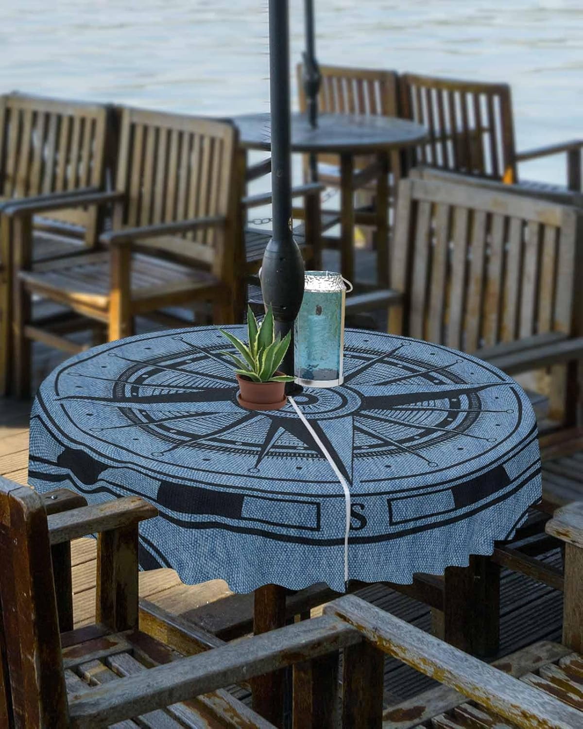 Blue Compass Nautical Outdoor Tablecloth - 54 Inch Round Dining Table ...