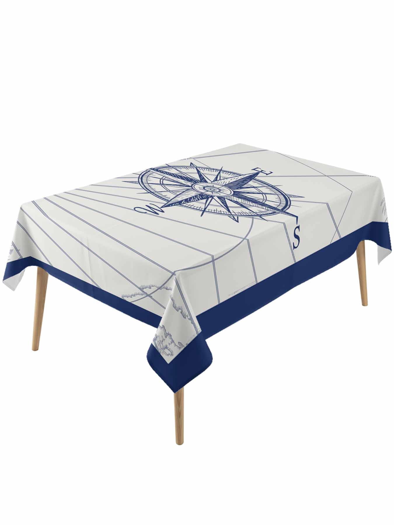 Blue Compass Nautical Rectangle Tablecloth, Coastal Abstract Art Retro ...