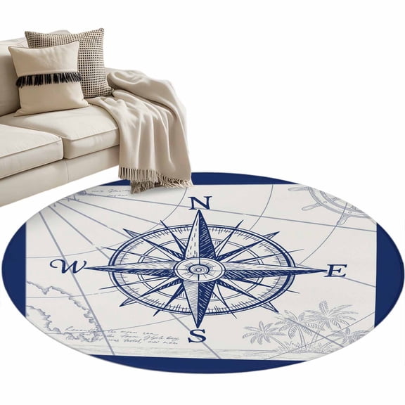 Blue Compass Nautical Round Area Rug 4ft, Coastal Abstract Art Retro Washable Non-Slip Circle Rugs for Bedroom Living Room Kitchen, Soft Non Shedding Circle Carpet for Dining Room Dorm