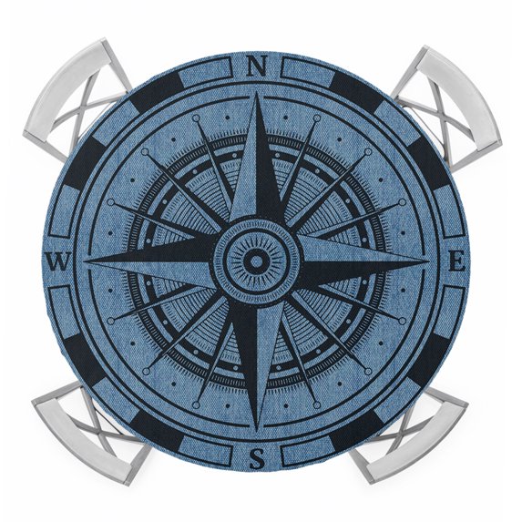 Blue Compass Nautical Round Tablecloth for 36-44 Inch Tables, Fitted Table Cover with Elastic Edge, Coastal Vintage Waterproof Outdoor Table Cloth Protector for Patio Garden Dinner Picnic