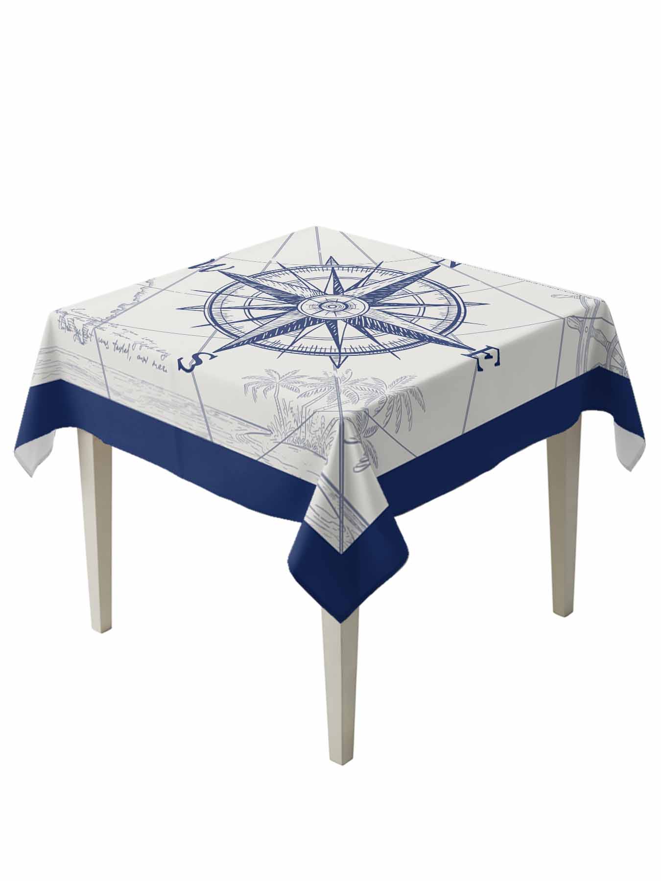 Blue Compass Nautical Suqare Tablecloth - 60 x 60 Inch, Coastal ...
