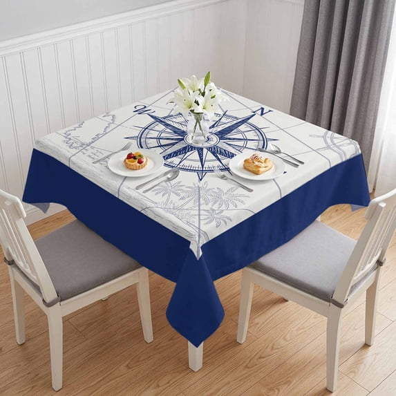Blue Compass Nautical Table Cloth Waterproof Tablecloths, Coastal Abstract Art Retro Tablecloth Dining Table Cover for Kitchen Party Tabletop Outdoor, Square Tablecloth 60x60 Inch