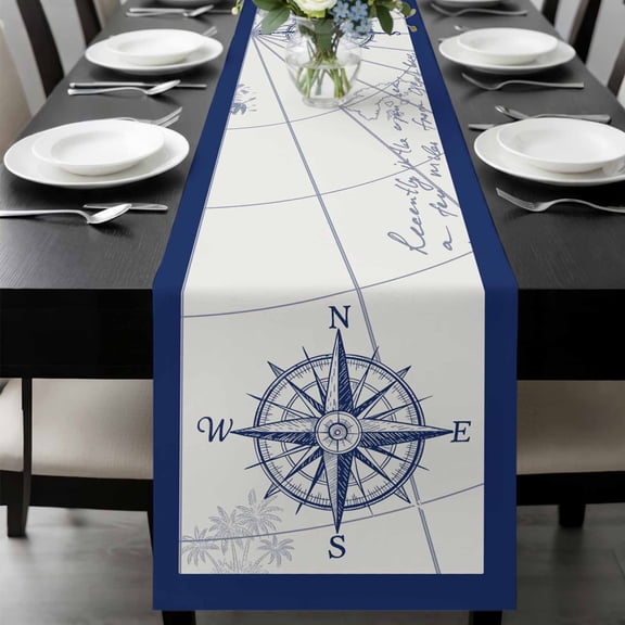 Blue Compass Nautical Table Runner 48 Inches Long, Coastal Abstract Art Retro Kitchen Coffee Dining Table Decoration for Home Party Birthday Wedding Home Decor 13x48 Inches