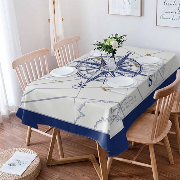 Blue Compass Nautical Tablecloth Rectangle Table Cloth 52x70 , Waterproof Tablecloth Outdoor Table Cloth, Coastal Abstract Art Retro Washable Table Cover for Kitchen Dining Party