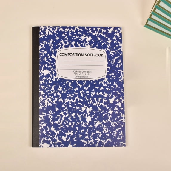Blue Composition Notebook Wide Ruled 100 Sheets, Marble Cover Sewn Binding Writing Journal, 7.5 x 9.8 in