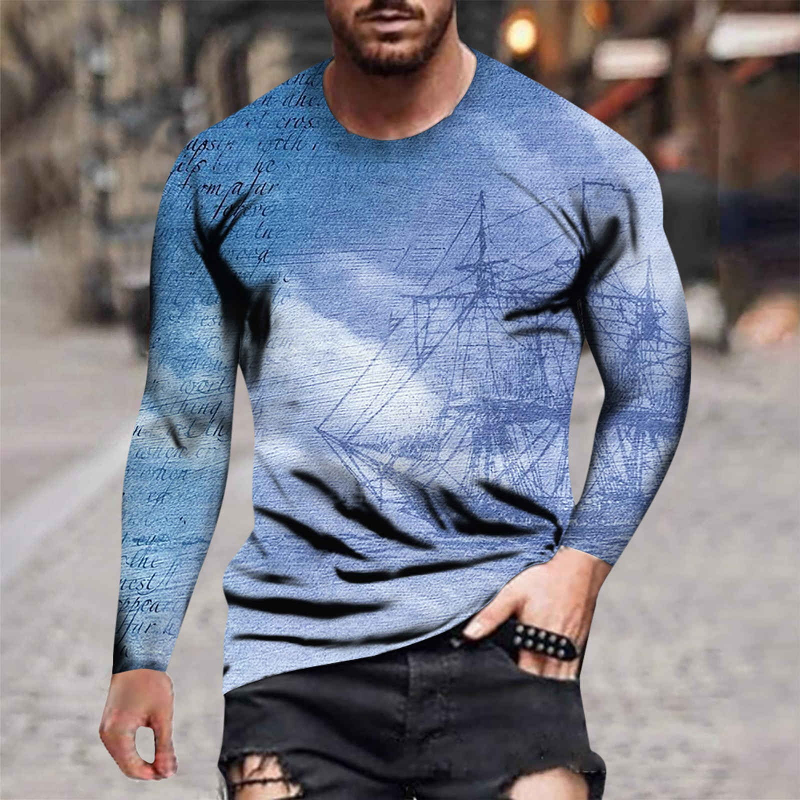 Blue Compression Shirts For Men Men's Autumn And Winter Casual Fashion  Printed Round Neck Long-Sleeved Shirt