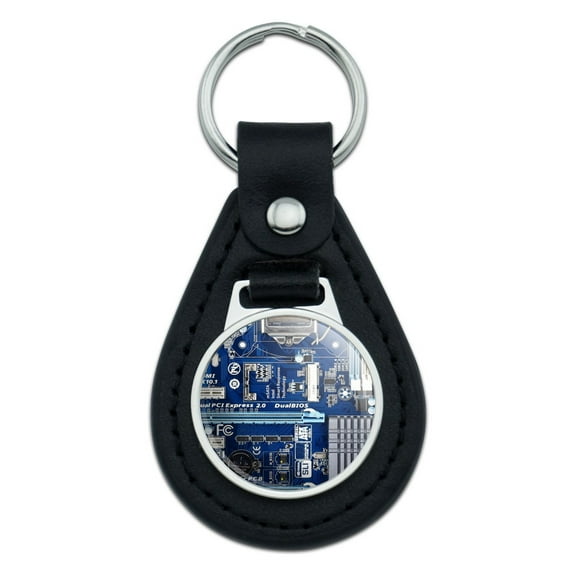 Blue Computer Motherboard Processor CPU Memory Black Leather Keychain