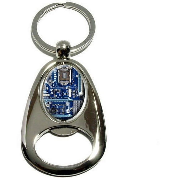 Blue Computer Motherboard, Processor CPU Memory, Chrome Plated Metal Spinning Oval Design Bottle Opener Keychain Key Ring