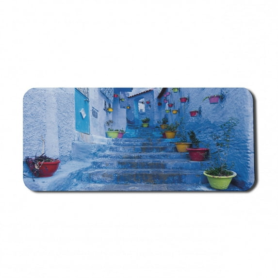 Blue Computer Mouse Pad, Street with Colorful Flower Pots in City of Chefchaouen in Morocco Travel Village, Rectangle Non-Slip Rubber Mousepad X-Large, 35" x 15" Gaming Size, Multicolor, by Ambesonne