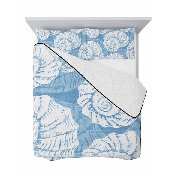 Blue Conch 3 Piece Quilt Bedding Set with 2 Pillow Shams, Coastal ...