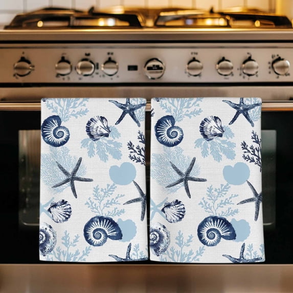 Blue Conch Coastal Kitchen Towels Set of 2, Nautical Summer Starfish Coral Absorbent Dish Towels for Kitchen, Microfiber Hand Towel, Quick Drying Tea Towel for Cleaning Decorative Dishcloths