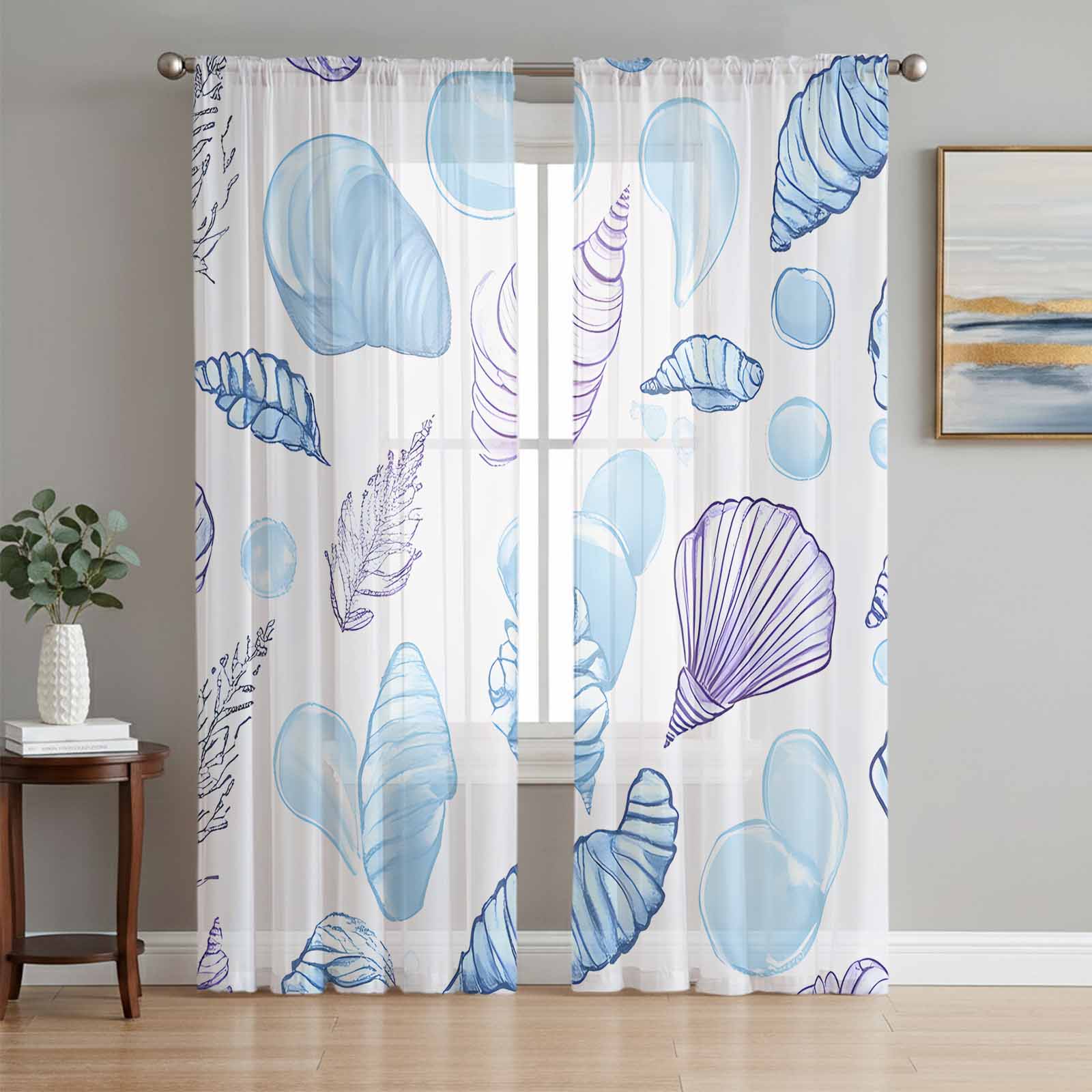 Blue Conch Coastal Sheer Curtains 96 Inch Length 2 Panels Set, Shell ...