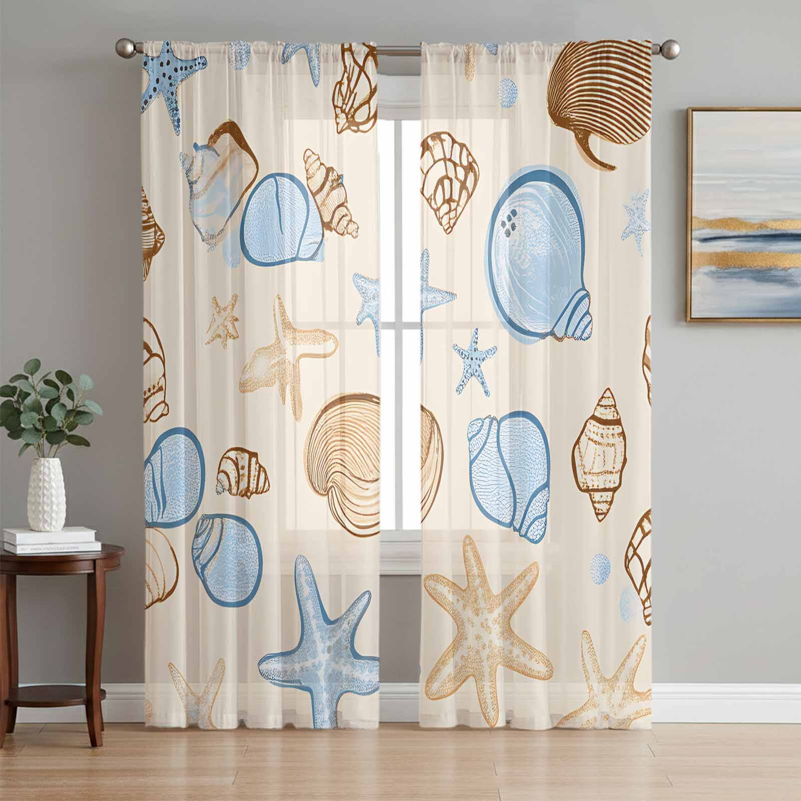 Blue Conch Coastal Sheer Curtains 96 Inch Length 2 Panels Set, Summer ...